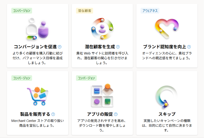 Microsoft広告のキャンペーン目標を選択する画面(売上・見込み顧客の獲得・Webサイトのトラフィックなど)