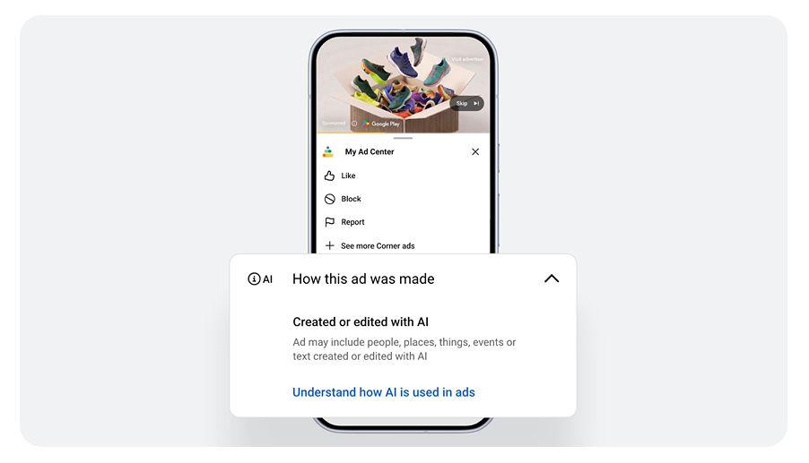 「How this ad was made」パネルでAI利用有無が表示されるGoogle広告の画面例