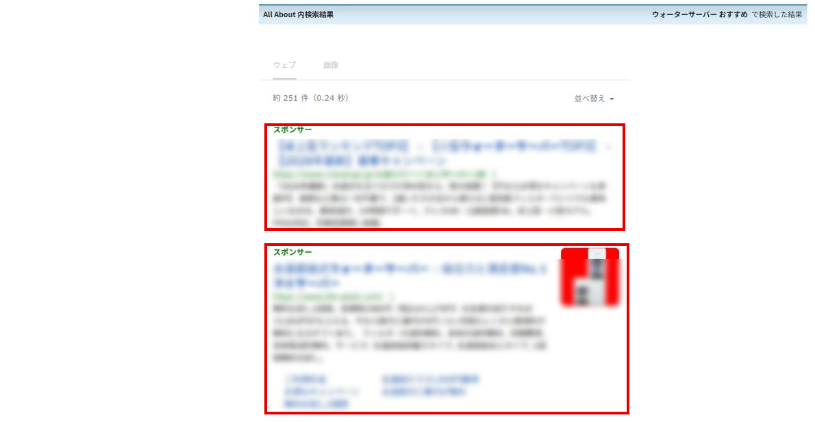 検索パートナー（AllAboutのサイト内検索）で広告が表示される位置を赤枠で示した例。広告内容はモザイク処理しています