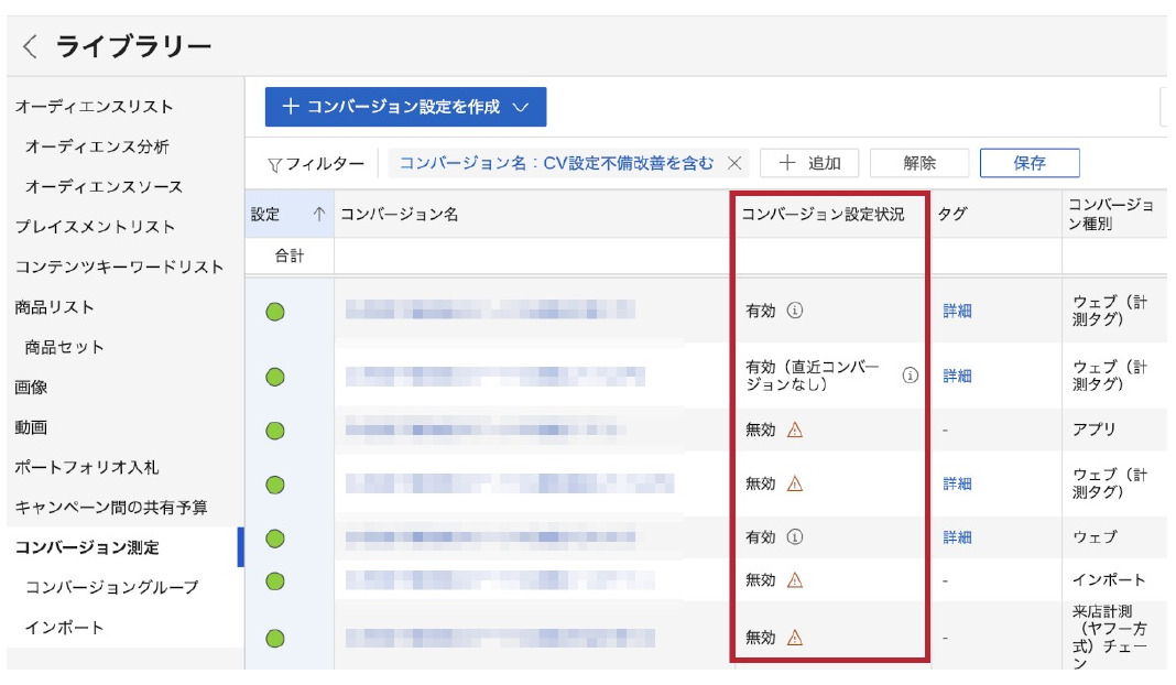 LINEヤフー広告のコンバージョン設定一覧画面。コンバージョン設定状況の列が赤枠で示されている