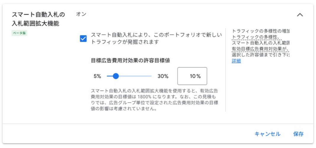 スマート自動入札の入札範囲拡大の設定画面。オンにするチェックボックスと、目標ROASの許容幅を5%から30%の間で選ぶスライダーが表示されている