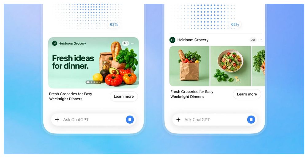ChatGPTの画面に表示された広告の例。食料品ブランドの広告が、会話画面の中に画像付きで表示されている