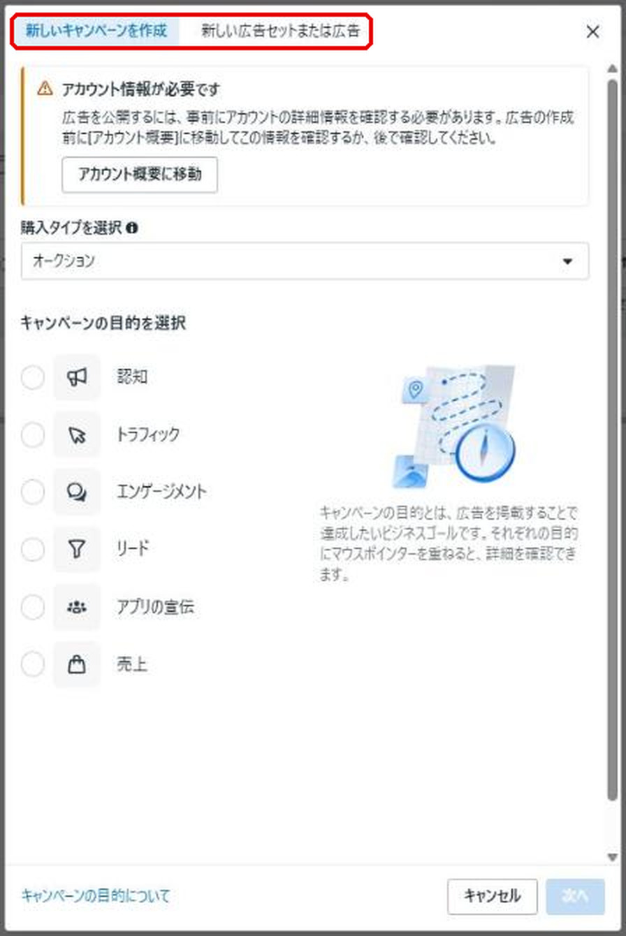 作成ボタンを押したときのダイアログ。「新しいキャンペーンを作成」と「新しい広告セットまたは広告」の2つのタブが赤枠で示され、購入タイプとキャンペーンの目的の選択肢が表示されている