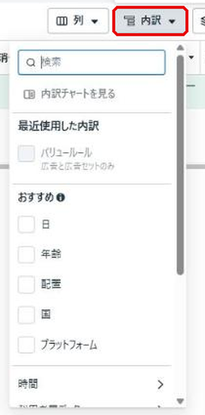 表の右上の「内訳」ボタンを開いた状態。内訳ボタンが赤枠で示され、日・年齢・配置・国・プラットフォームなどの選択肢が表示されている